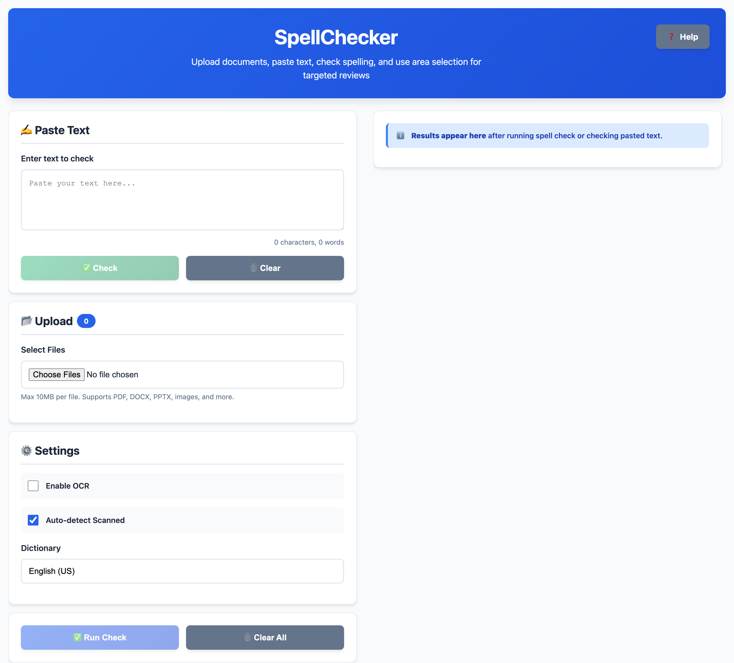 Main dashboard showing paste text, upload, crop, and results sections